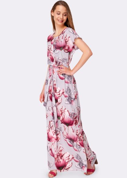 Сукня максі зі стрейч шифону сіро-рожева квітковий принт 5481