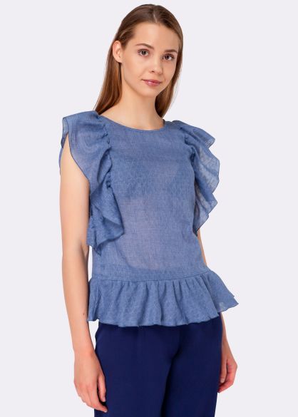 Синя блуза з воланами з бавовняної тканини жатка 1214
