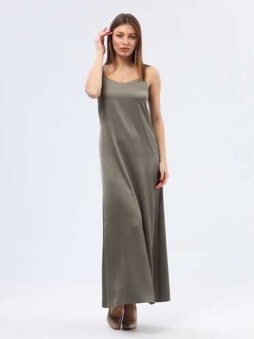 Атласное платье комбинация оливкового цвета 5755