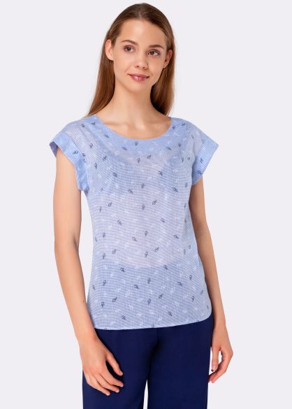 Блуза в блакитну смужку з легкої бавовняної тканини зі спущеною лінією плеча 1217
