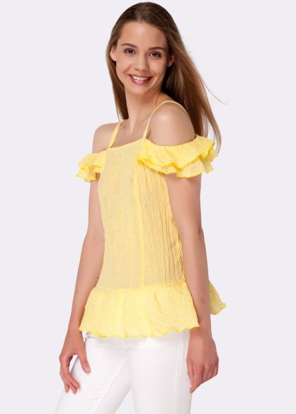 Желтая блуза-топ на бретелях из хлопковой ткани жатка 1215
