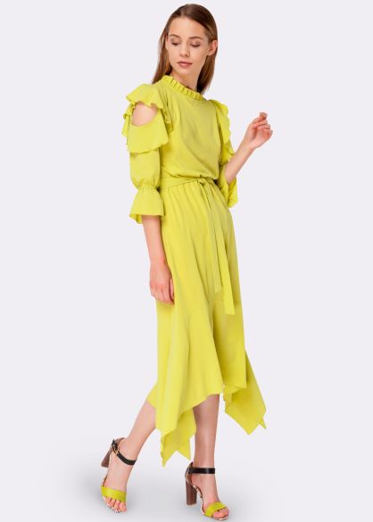 Сукня зі стрейч шифону кольору лайма з асиметричним низом 5483
