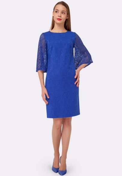 Платье синее из жаккардовой ткани с гипюровыми рукавами 5489