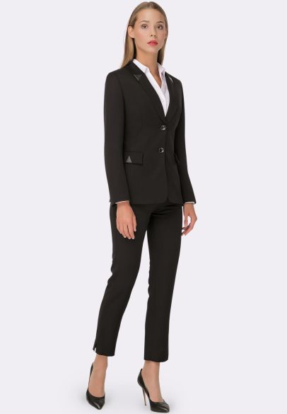 Жакет черный из полушерстяной костюмной ткани со вставками из экокожи 3301