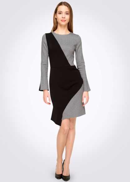 Комбінована сукня сіро-чорна з асиметричним низом 5450