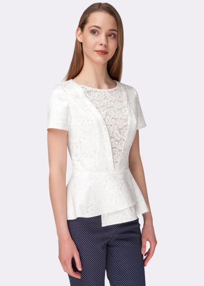 Біла блуза з жакарда з мереживною вставкою 1212