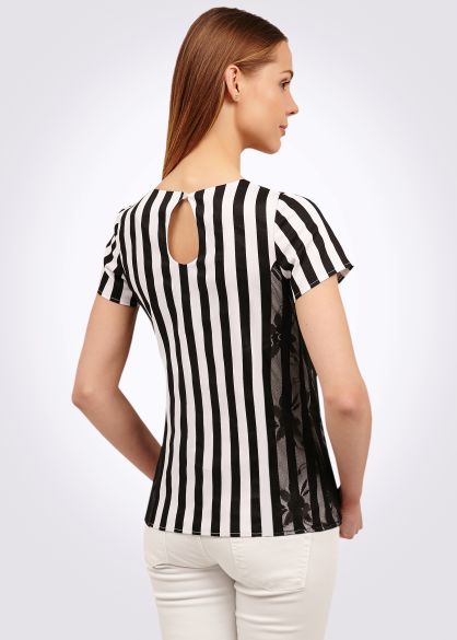 Блуза в чорно-білу смужку з гіпюром 1190