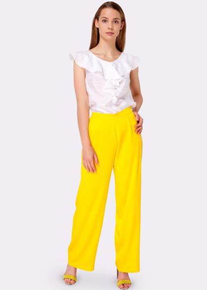 Желтые широкие брюки из натуральной ткани 7111