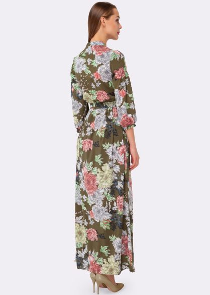 Сукня шифонова максі кольору хакі з квітковим принтом 5484