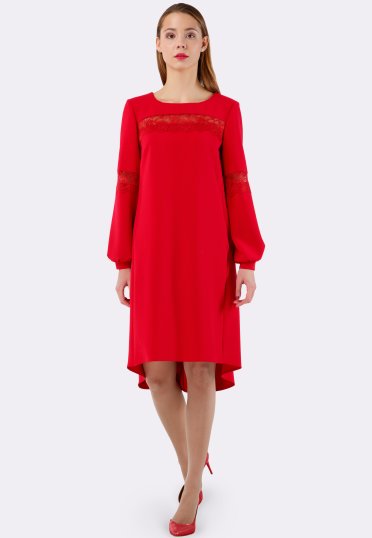 Сукня з костюмного жакарда насиченого червоного кольору з мереживною обробкою з гіпюру 5506