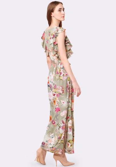 Платье макси из стрейч шифона оливковое цветочный принт 5531