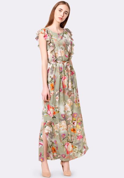 Платье макси из стрейч шифона оливковое цветочный принт 5531
