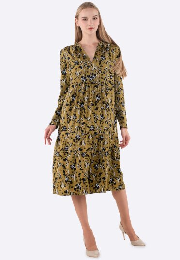 Насыщенно-оливковое платье свободного кроя с контрастным принтом 5660