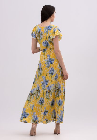 Желтое платье макси с выразительным цветочным принтом 5699