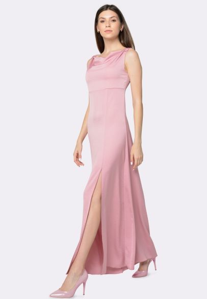 Розовое платье макси из шелка жатка 5588