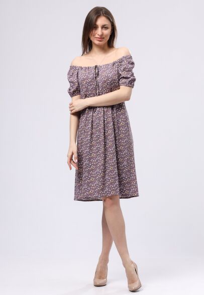 Літня бузкова сукня зі стрейч льону з дрібним квітчастим принтом 5733