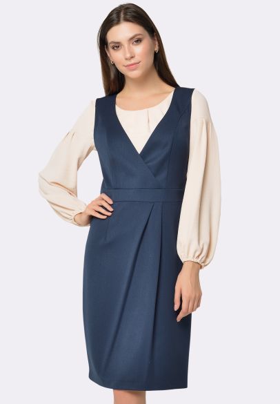 Сукня-сарафан синього кольору з декоративним поясом 5615