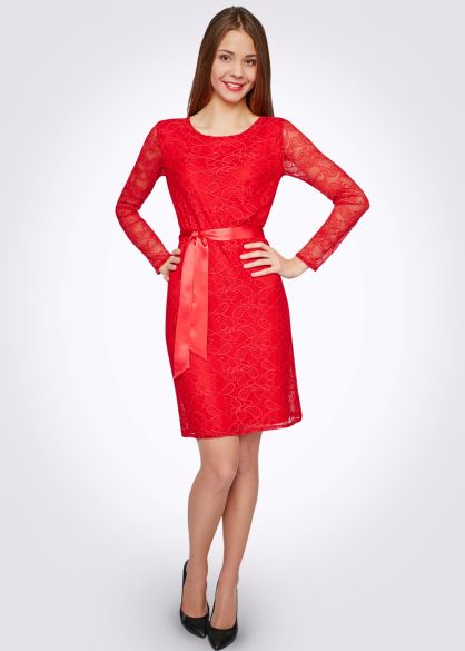 Гіпюрова сукня червона з поясом 5342к