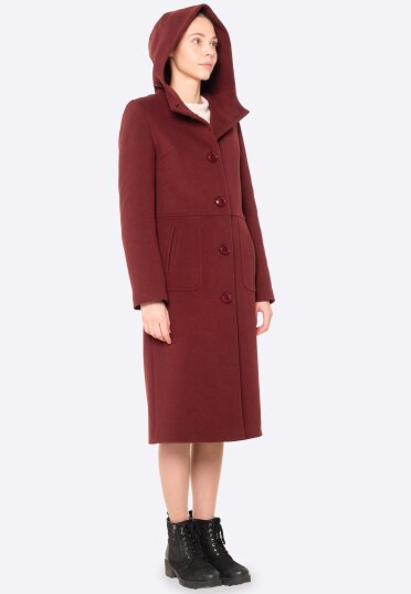 Утеплене бордове пальто з вовняної тканини з капюшоном 4420