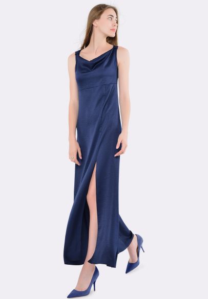Темно-синее платье макси из шелка жатка 5588c