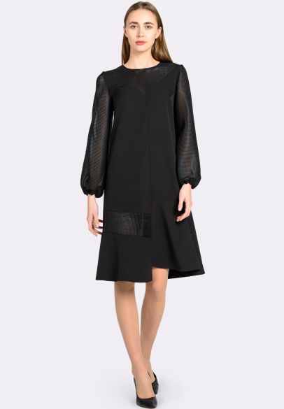 Платье черное с асимметричным низом и объемными шифоновыми рукавами 5569
