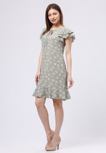 Легкое светло-оливковое платье мини с воланами 5734