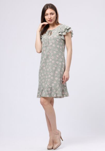Легка світло-оливкова сукня міні з воланами 5734