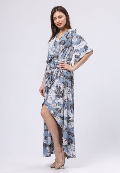 Сіро-блакитна сукня максі з асиметричною спідницею 5729