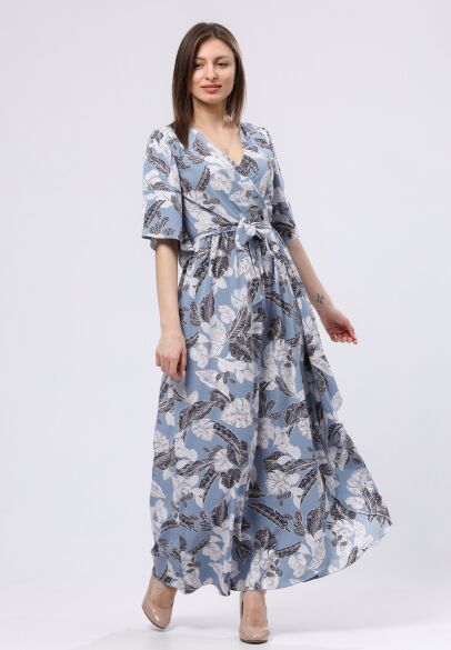 Сіро-блакитна сукня максі з асиметричною спідницею 5729