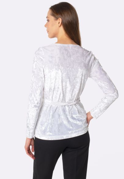 Перлинно-біла блуза з запа́хом зі стрейч велюру 1267