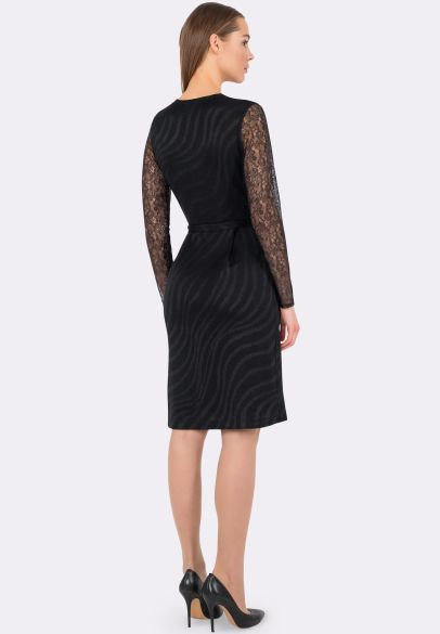 Платье черное с длинными рукавами из гипюра 5512