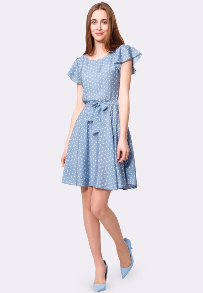 Літня блакитна сукня з розкльошеною спідницею принт горошок 5530