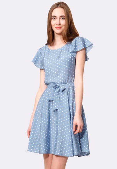 Літня блакитна сукня з розкльошеною спідницею принт горошок 5530