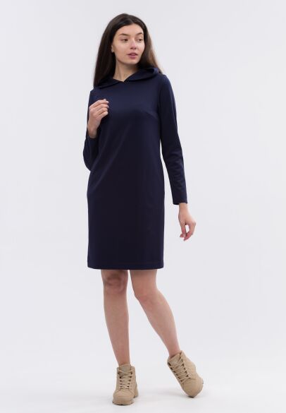 Темно-синее трикотажное платье с капюшоном 5709