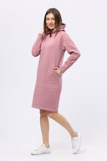 Сиренево-розовое теплое платье худи на флисе 5712р