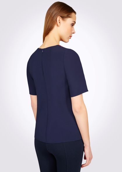 Комбінована блуза темно-синя принт горох 1185