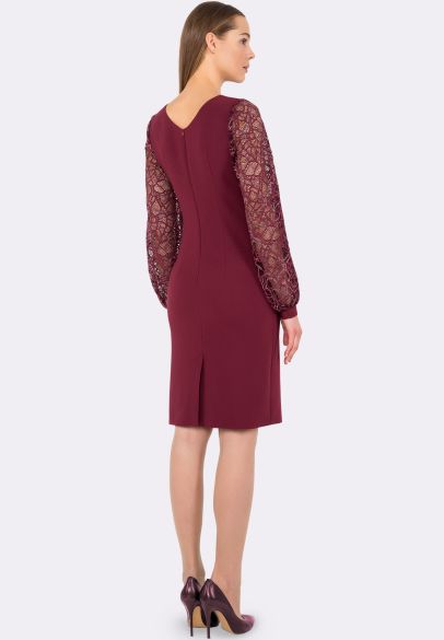 Сукня кольору бургунди з рукавами з мереживного гіпюру з люрексом 5514