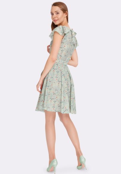 Літня оливкова сукня з розкльошеною спідницею квітковий принт 5595