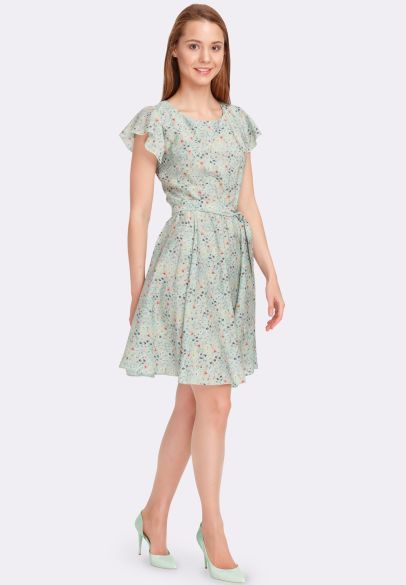 Летнее оливковое платье с расклешенной юбкой цветочный принт 5595