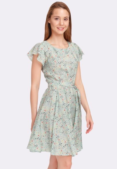 Летнее оливковое платье с расклешенной юбкой цветочный принт 5595
