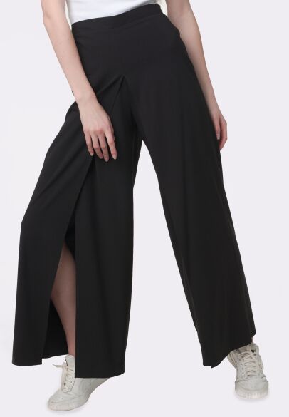 Чорні широкі брюки з розрізами спереду 7139