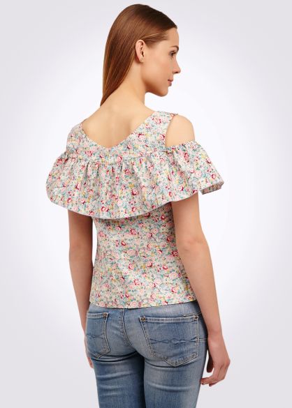 Блуза из хлопкового текстиля с оборкой цветочный принт 1187
