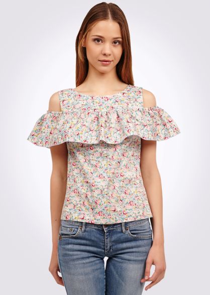 Блуза из хлопкового текстиля с оборкой цветочный принт 1187