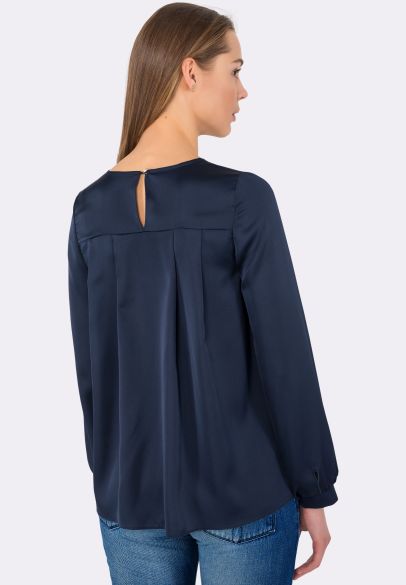 Комбінована синя блуза зі стрейч шовку та ажурної тканини з люрексом 1229