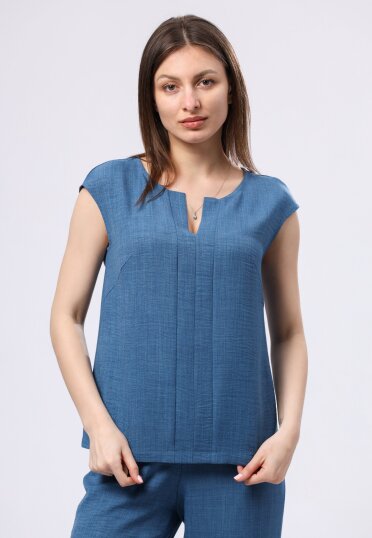 Легкая синяя блуза из вискозной ткани жатка 1304с