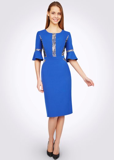 Платье футляр синее с кружевной отделой из гипюра 5400с