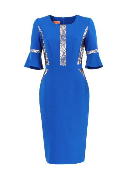 Сукня футляр синя з мереживною обробкою з гіпюру 5400с