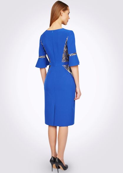 Платье футляр синее с кружевной отделой из гипюра 5400с