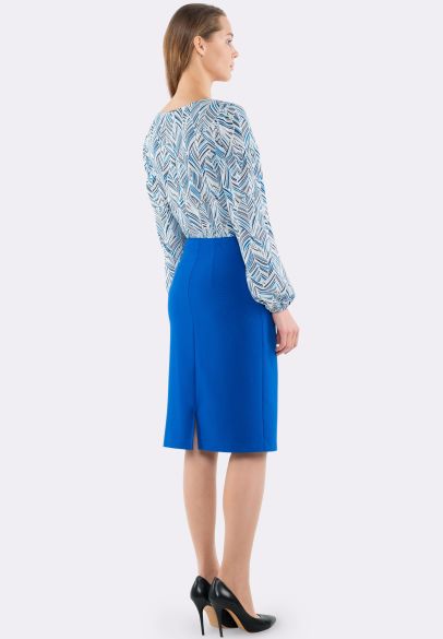 Комбинированное платье синего цвета с объемными рукавами 5576