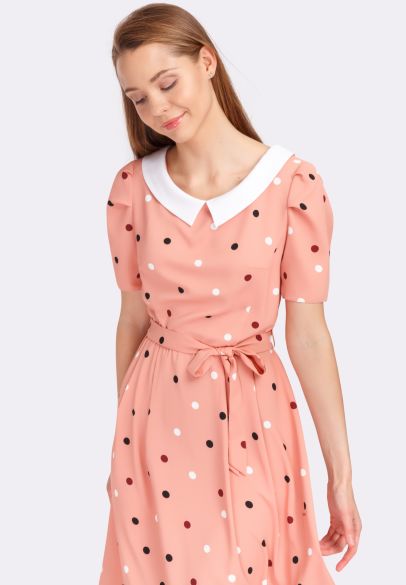 Рожева сукня з відкладним коміром принт горох 5590p